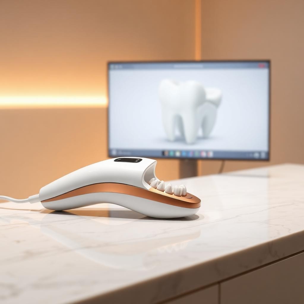 Intraoral scanner on marble desk at Villa Dental Studio