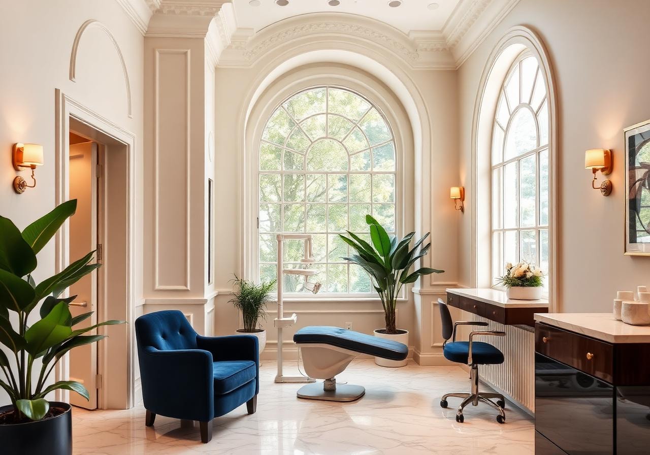 Luxurious reception area at Villa Dental Studio with marble desk and elegant seating