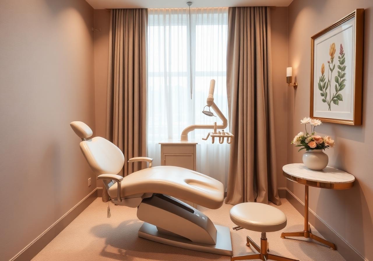 Luxury dental treatment room with cream dental chair and botanical art at Villa Dental Studio